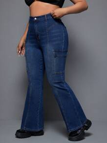 SHEIN ICON 洗水加工帶蓬蓬裙的大尺碼牛仔褲,附蓋式袋子 - 藍色 - 查看 3