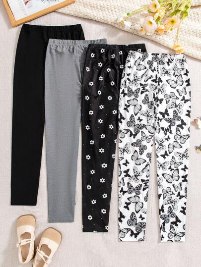 SHEIN 適合青春期女孩的 4 入組編織純色蝴蝶和花卉圖案休閒褲