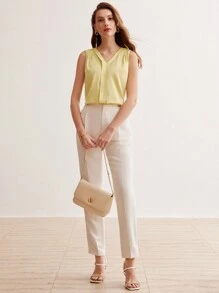 MOTF PREMIUM SILK V-NECK FOLD PLEATED SHOULDER SLEEVELESS BLOUSE