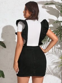 Plus Size Solid Color Ruffle Trim Slim Fit Denim Dress - Black - View 2