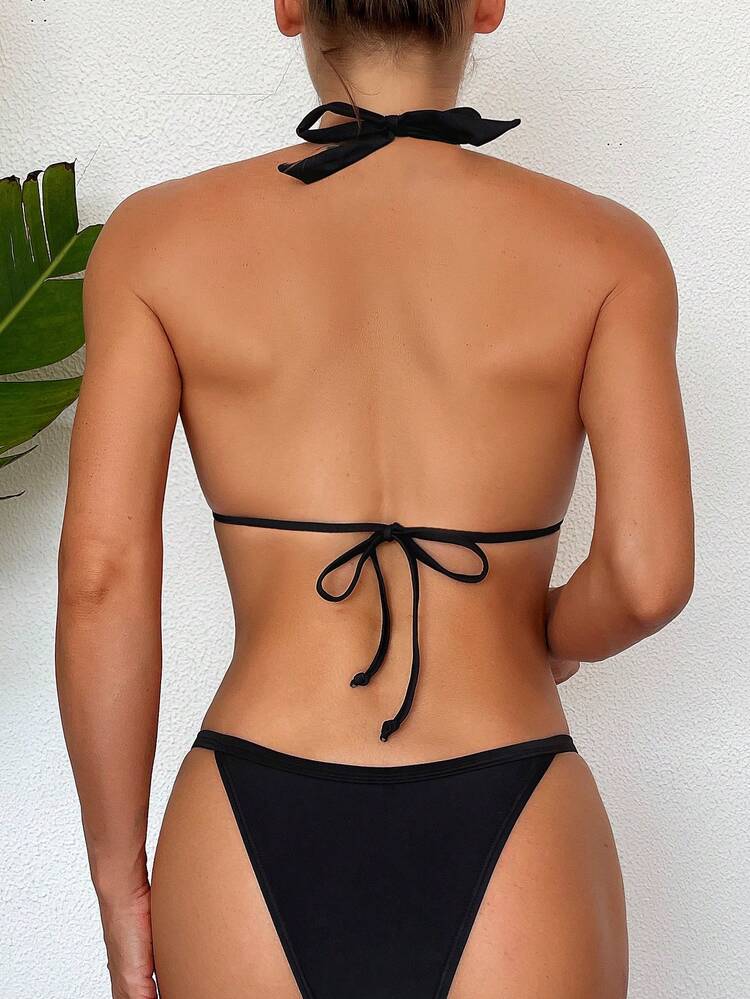 Solid Color Metal Ring Decorated Two Pieces Bikini Set Summer