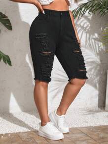 SHEIN Clasi Plus Storlek Kvinnors Slitna Fransar Denimshorts - Svart - Visa 4