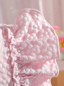 SHEIN Glamorique Kids 嬰兒女孩優雅蝴蝶結裝飾提花拼布蝴蝶鑲嵌網紗荷葉邊洋裝 - 粉色 - 查看 7