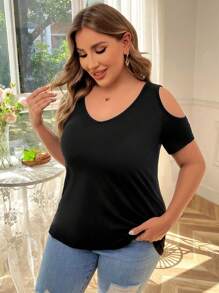 SHEIN LUNE Của phụ nữ Kích thước lớn Cổ chữ V Off Shoulder Đường viền cổ áo Giải trí Áo thun - màu đen - Xem 3