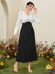 Modelyn Women's Contrast Color Sticker Patchwork Puff Sleeve Dress Long Evening Dresses - Black - View 6