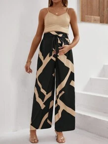 SHEIN 孕妇纯色背心和几何印花阔腿裤两件套 - 卡其色 - 查看 5