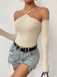 SHEIN Unity Women's Solid Color Cold-Shoulder Long Sleeve Sweater - White - View 4