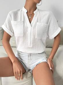 SHEIN LUNE Solid Color Texture Detail Patch Pocket Shirt With Notched Collar