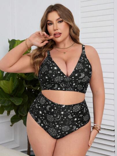 Swim Lushoire Conjunto de bikini de talla grande con estampado de sol, luna y estrellas para playa de verano