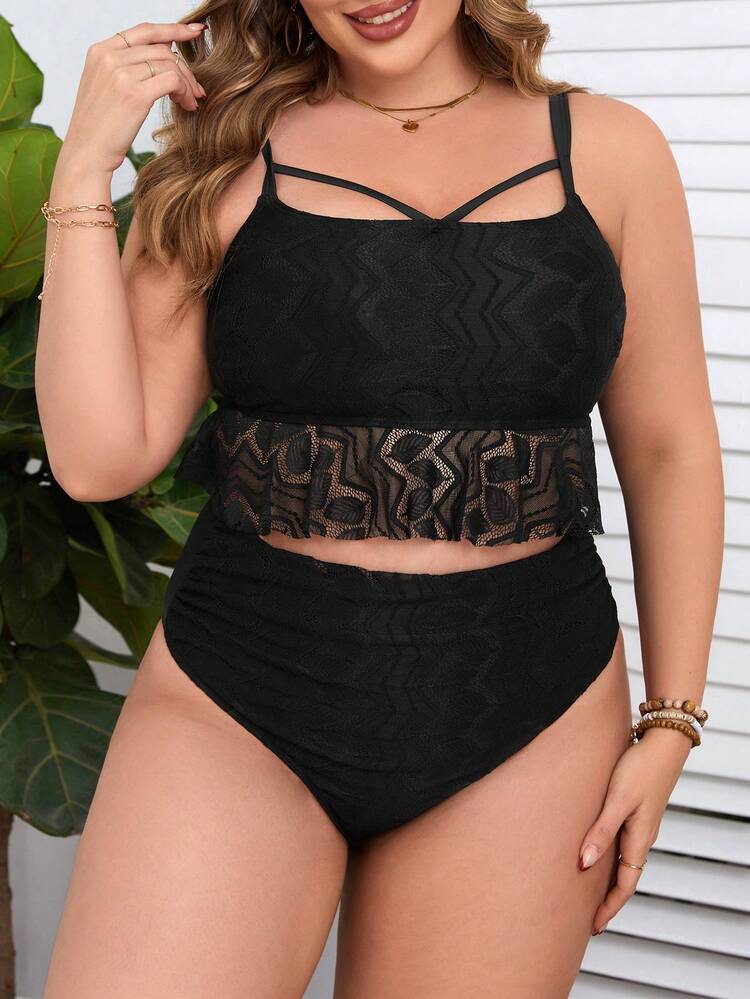Plus Size Lace Spliced Hollow Out Bikini Set, Beach Outfit Bathing Suit Music Festival Summer