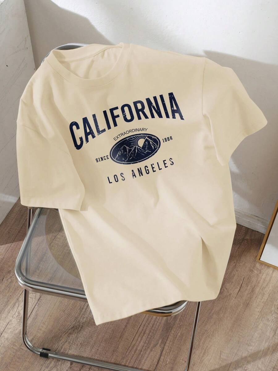 SHEIN EZwear 休闲口号与风景超大圆领短袖 T 恤，宽松女款，夏季 - 杏色 - 查看 1