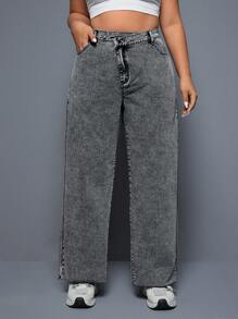 SHEIN ICON Plus Size Women's Asymmetric Waist Washed Straight Leg Boyfriend Jeans - Grey - View 6