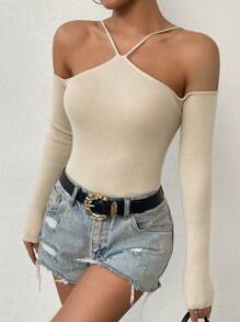 SHEIN Unity Women's Solid Color Cold-Shoulder Long Sleeve Sweater - White - View 6