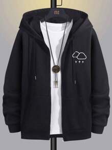 男士长袖秋冬云朵图案印花拉链连帽外套，带口袋，适合旅行、度假、户外活动、跑步、散步 - 黑色 - 查看 1