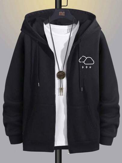 男士长袖秋冬云朵图案印花拉链连帽外套，带口袋，适合旅行、度假、户外活动、跑步、散步