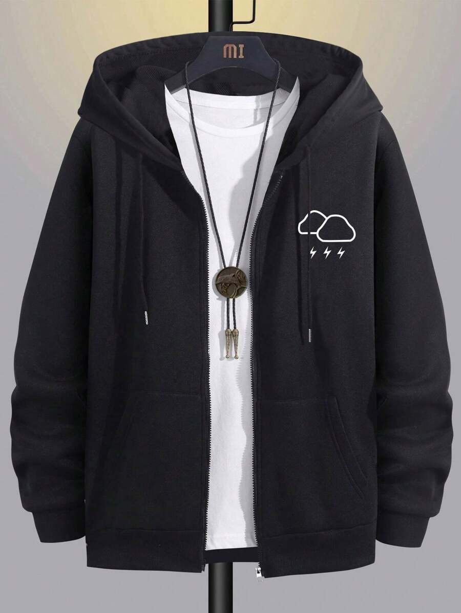 男士长袖秋冬云朵图案印花拉链连帽外套，带口袋，适合旅行、度假、户外活动、跑步、散步 - 黑色 - 查看 1