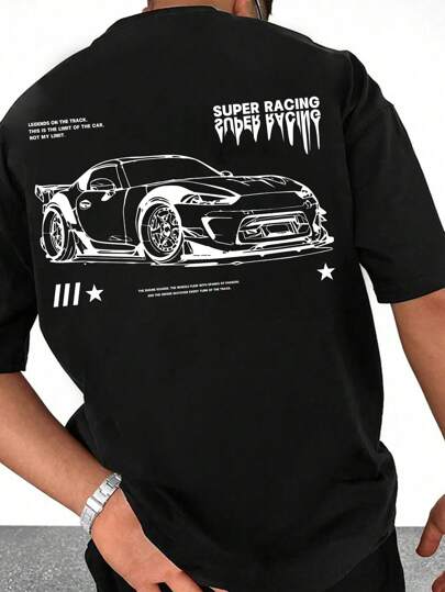 Manfinity ZONE917 Camiseta de manga corta con cuello redondo vintage con gráfico impreso de lema de coche para hombres, para raperos, para salir