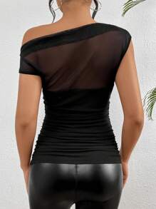 Chiquease Mesh Asymmetrical Collar Pleated Top - Black - View 2