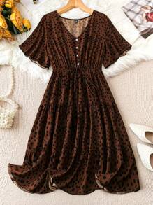 SHEIN LUNE Vestido De Manga Corta Con Volantes Y Estampado De Lunares De Talla Grande