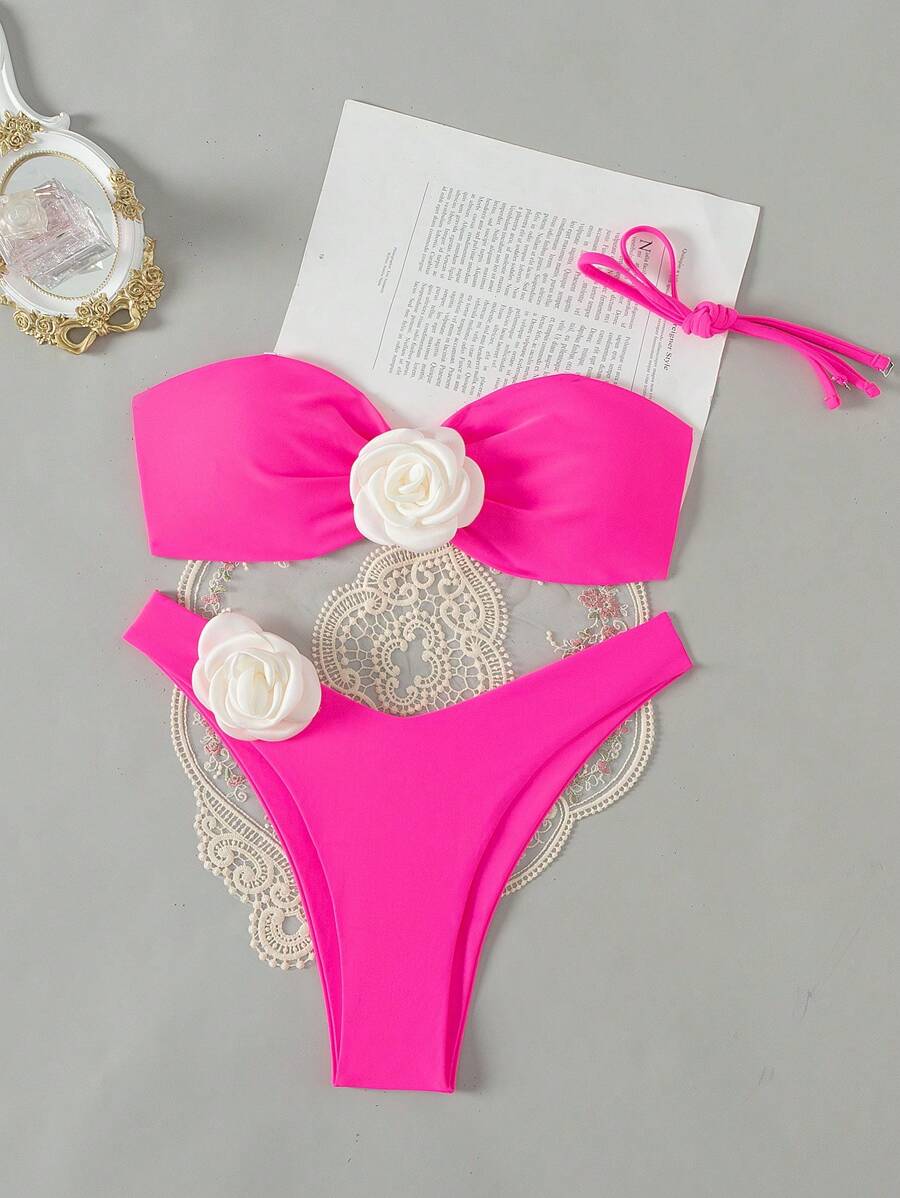 SHEIN Swim 女士掛頸比基尼套裝,附帶3d花朵裝飾 - 粉色 - 查看 1