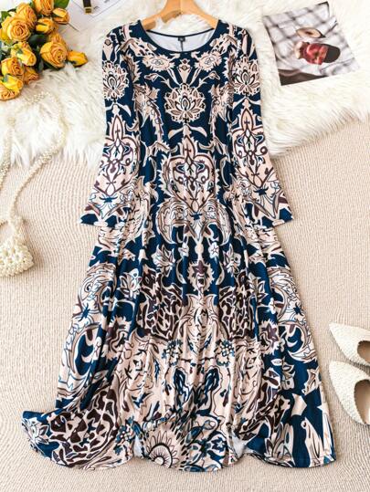 EMERY ROSE 加大码印花圆领长袖腰抽绳连衣裙长款女装秋季服装