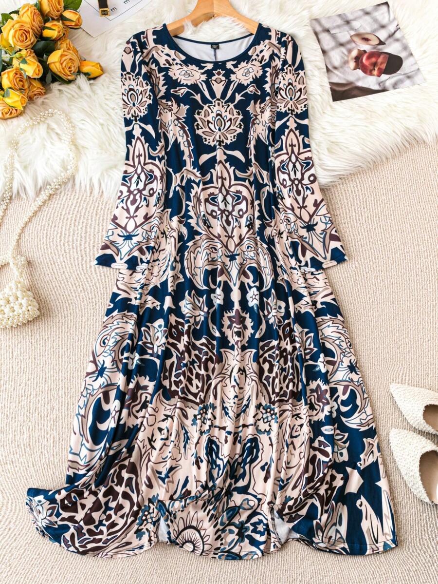 EMERY ROSE 加大码印花圆领长袖腰抽绳连衣裙长款女装秋季服装 - 彩色 - 查看 1