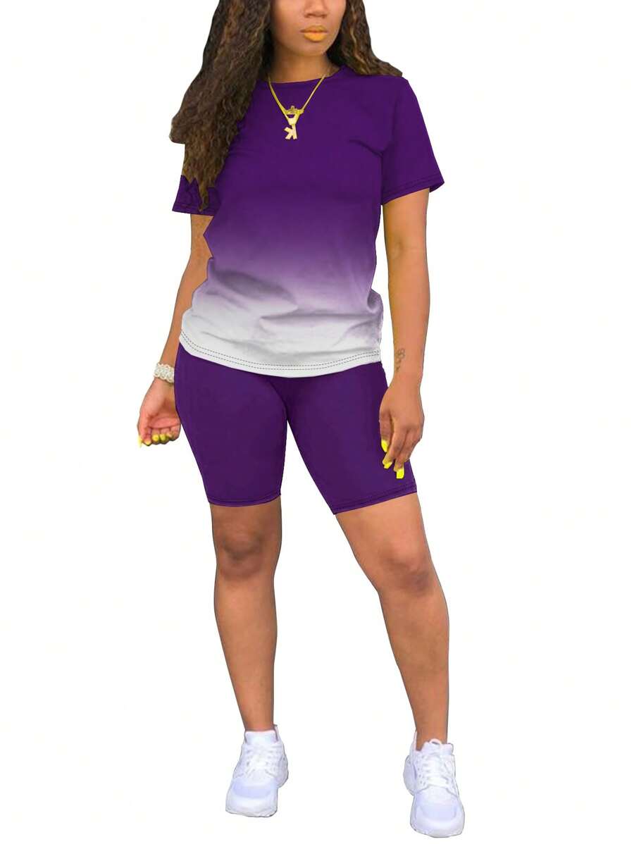 2 piezas Conjunto de top de manga corta y pantalones cortos ajustados, degradado, verano - Morado - Ver 1