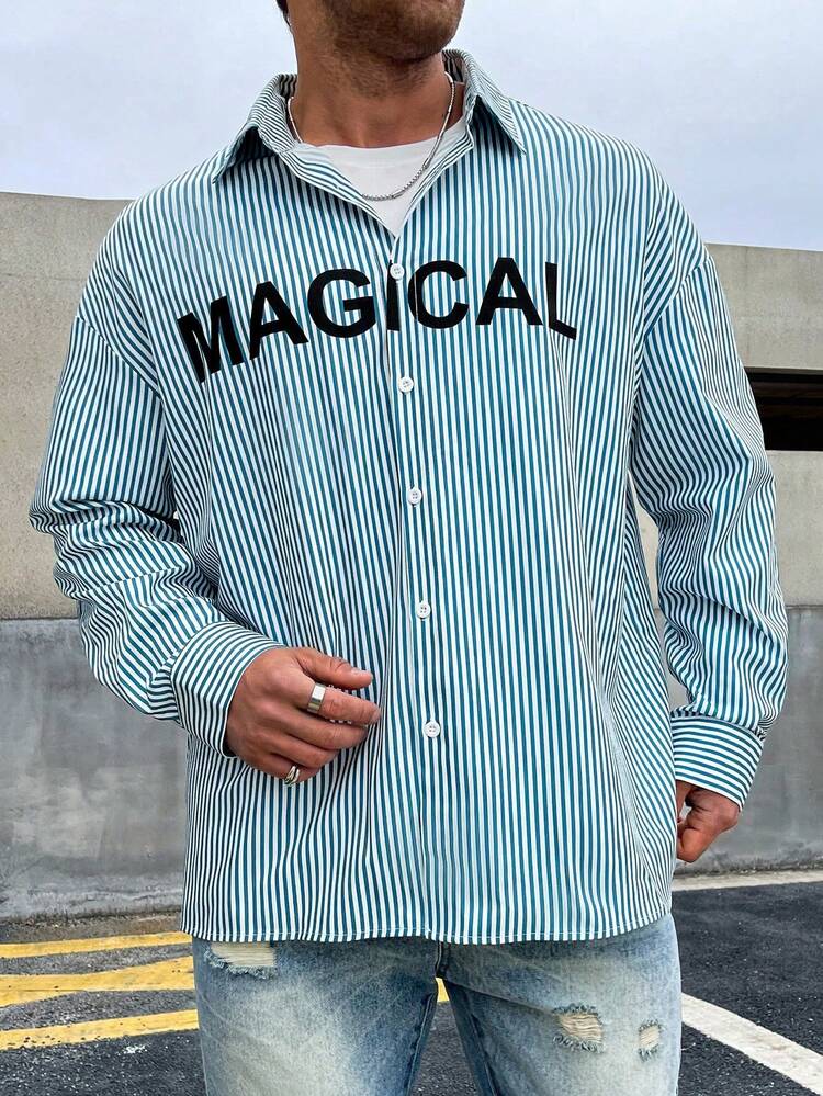 Men'S Plus Size Letter Print Striped Long Sleeve Shirt
