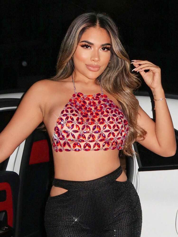 Valentine's Day Fashion Women's Gorgeous Hollow Orange Red Sexy Hot Girl Nightclub Charming Metal Chain Short Rhinestone Decorated Adjustable Backless Halter Top