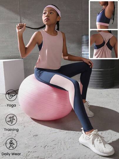Sparklyn Conjunto Deportivo Empalmado De 3 Piezas En Azul Y Rosa Para Niñas, Adecuado Para Actividades En Interiores Y Exteriores Como Correr, Andar En Bicicleta, Etc.