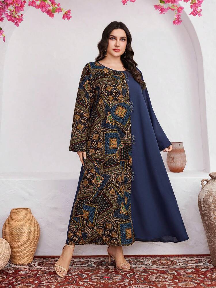 Plus Size Printed Patchwork Flare Sleeve Dress