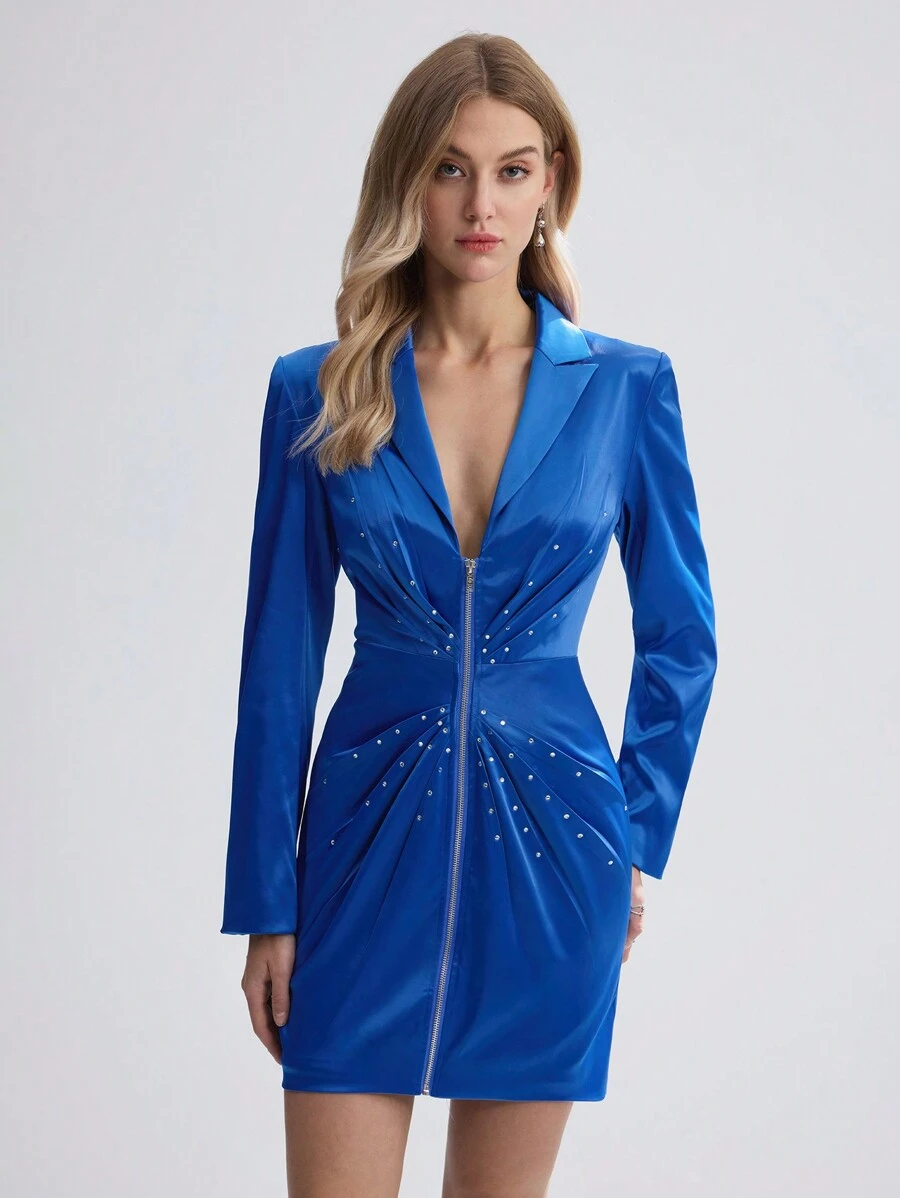 BizChic Women's Solid Color Zipper Blazer Jacket - Blue - View 1
