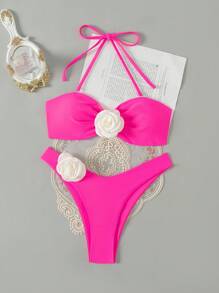 SHEIN Swim 女士掛頸比基尼套裝,附帶3d花朵裝飾 - 粉色 - 查看 4