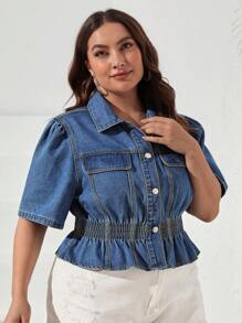 SHEIN VCAY Kích thước lớn Của phụ nữ Ngắn Ống tay áo Áo khoác denim Với Ruffled Hem - Rửa trung bình - Xem 5