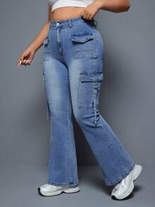 SHEIN ICON Kích thước lớn Của phụ nữ Trang phục làm việc Túi Quần jean loe - Màu xanh lam - Xem 4