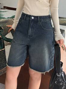 DAZY 女士牛仔短褲,磨損邊緣和口袋細節處理 - 藍色 - 查看 1