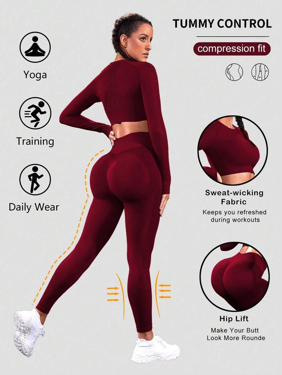 Easithlete Tuta da ginnastica elastica e senza cuciture, set da donna per allenarsi durante il Capodanno Cinese - Bordò - Visualizzare 1