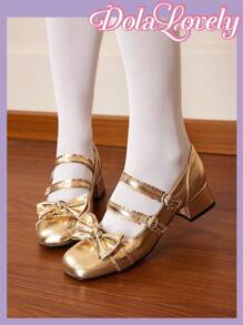 Dola Lovely Women's Bow Knot Printed Mary Jane Shoes With Heart-Shaped Double Straps And Buckle Detail, Fashionable High Heel Pumps