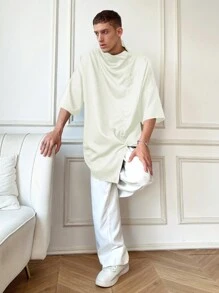 Manfinity EZcore Men's Solid Color Button Front Stand Collar Drop Shoulder Shirt - White - View 4