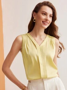 MOTF PREMIUM SILK V-NECK FOLD PLEATED SHOULDER SLEEVELESS BLOUSE