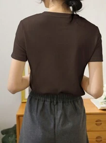 DAZY 纯色罗纹针织短袖T恤夏季学院风上衣 - 咖啡棕 - 查看 4