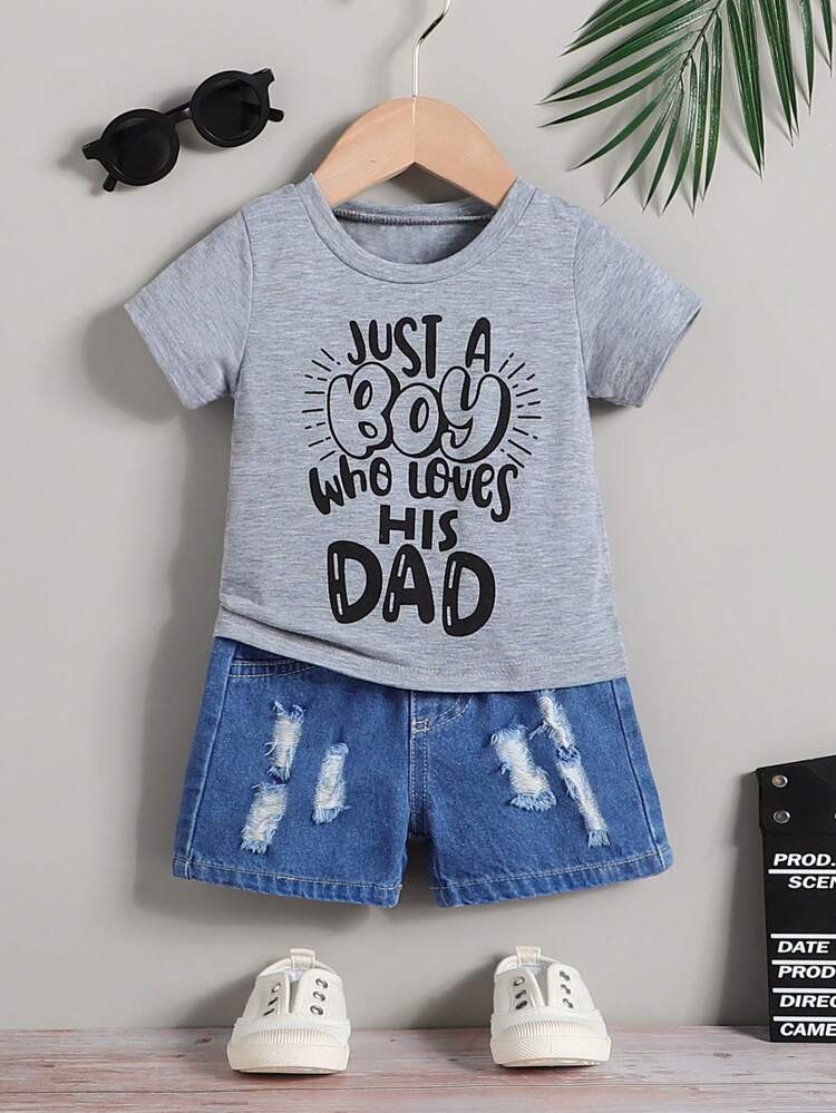 Summer New Arrival Baby Boy Simple And Cute Slogan Printed T-Shirt And Ripped Denim Shorts Set
