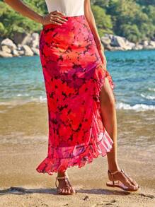 SHEIN VCAY Vacation Spring/Summer Knitted Mesh High Waist Bodycon Skirt With Ruffle Hem