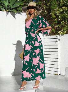 SHEIN VCAY Holiday Floral Printed One Shoulder High Side Slit Maxi Women Dresses - Green - View 4