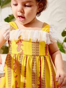 SHEIN Baby Mädchen Schönes Urlaub Paisley Muster Splicing Netz Rüsche Hemd Kleid Mit Crossbody Taschenset - Gelb - Übersicht 7