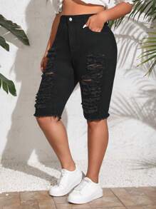 SHEIN Clasi Plus Storlek Kvinnors Slitna Fransar Denimshorts - Svart - Visa 3