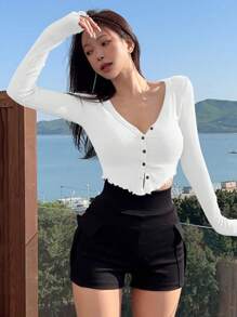 DAZY 女式纯色罗纹针织短款T恤，秋季服装长袖女式上衣