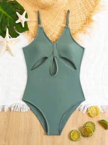 Tween Girl's Hollow Out One-Piece Swimsuit With Spaghetti Straps - Green - View 8