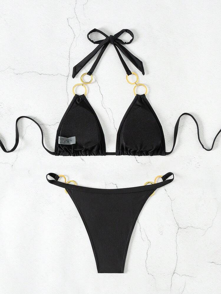 Solid Color Metal Ring Decorated Two Pieces Bikini Set Summer