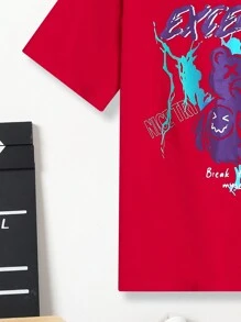 SHEIN 青少年男生休閒舒適的熊和字母印花圓領t卹 - 紅色 - 查看 3